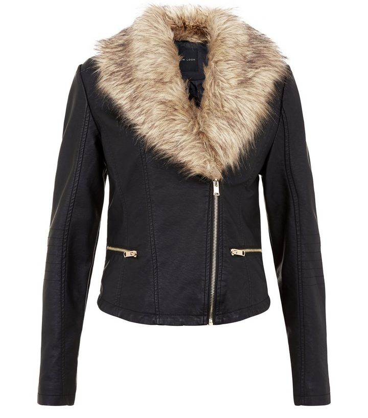 Black Leather Look Faux Fur Collar Biker Jacket Add To Saved Items Remove From