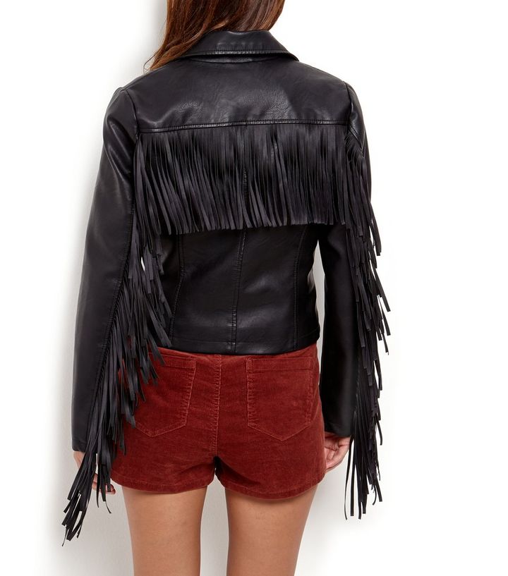 Black Leather Look Tassel Trim Biker Jacket Add To Saved Items Remove From