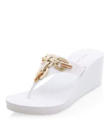 White Chain Trim Front Wedge Flip Flops 