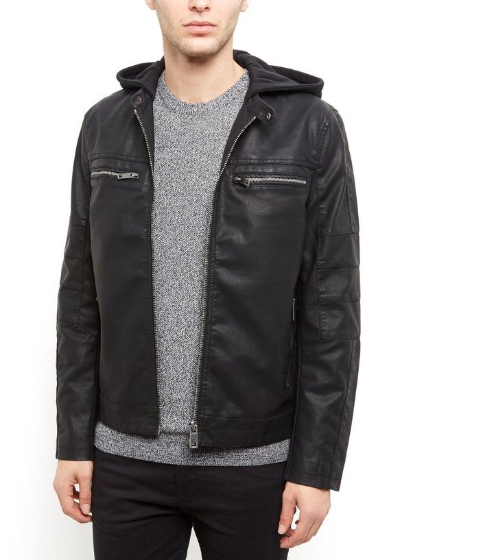 Black Leather Look Hooded Biker Jacket Add To Saved Items Remove From