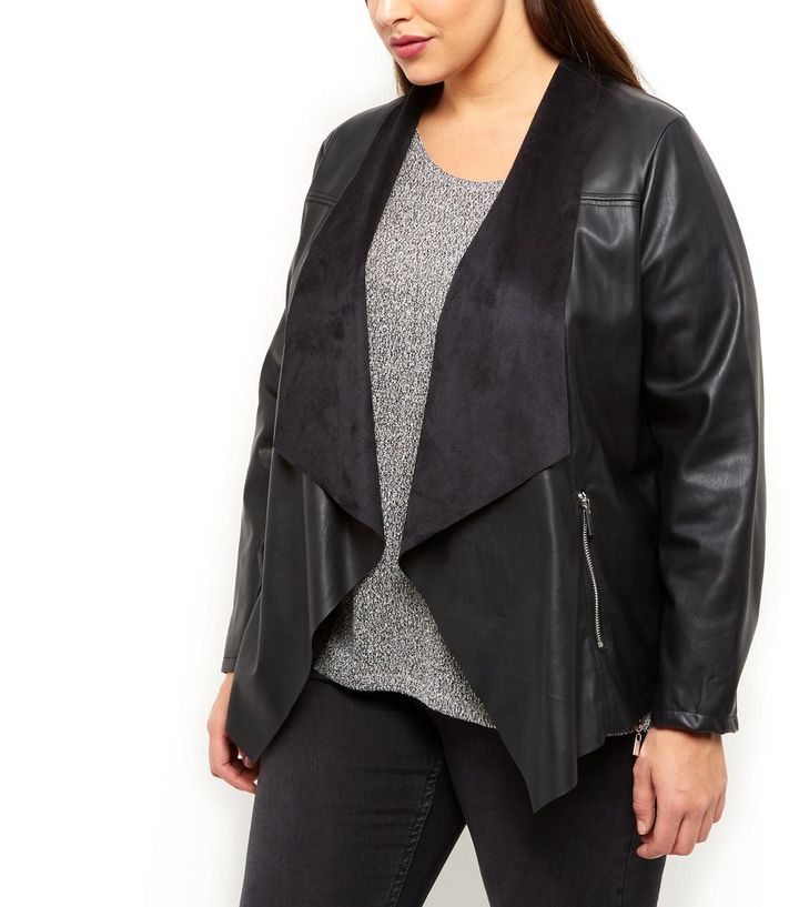 Plus Size Black Leather Look Waterfall Jacket New Black Leather Look Waterfall Jacket The