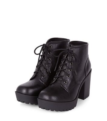 black lace up block heel ankle boots