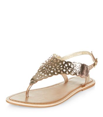 Teens Gold Leather Laser Cut Sandals 