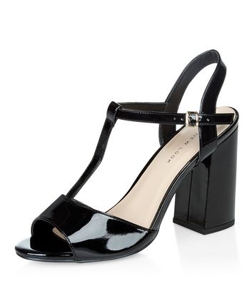 black patent leather block heel sandals