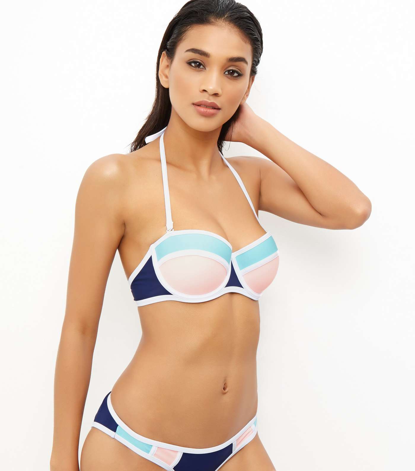 Pink and Blue Colour Block Underwired Bikini Top 