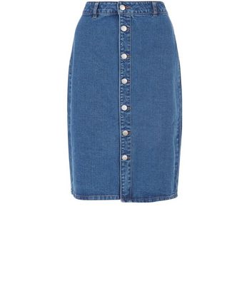 Blue Button Front Denim Midi Skirt 