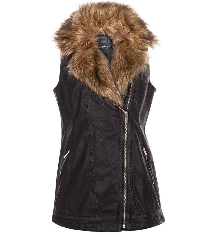 Black Leather Look Faux Fur Collar Sleeveless Jacket New Black Leather Look Faux Fur Collar Sleeveless Jacket