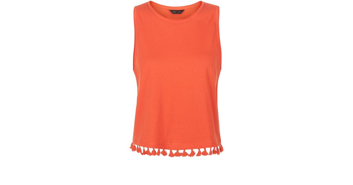 Bright Orange Tassel Trim Sleeveless Top New Look