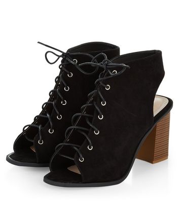 Chunky heel lace sales up booties open toe