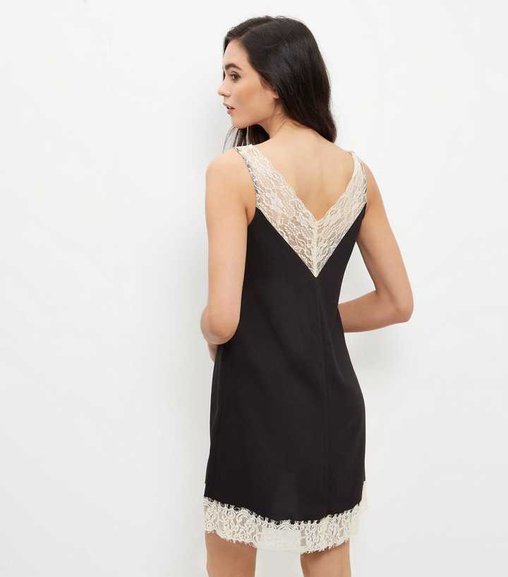 Black Premium Contrast Lace Trim Slip Dress
