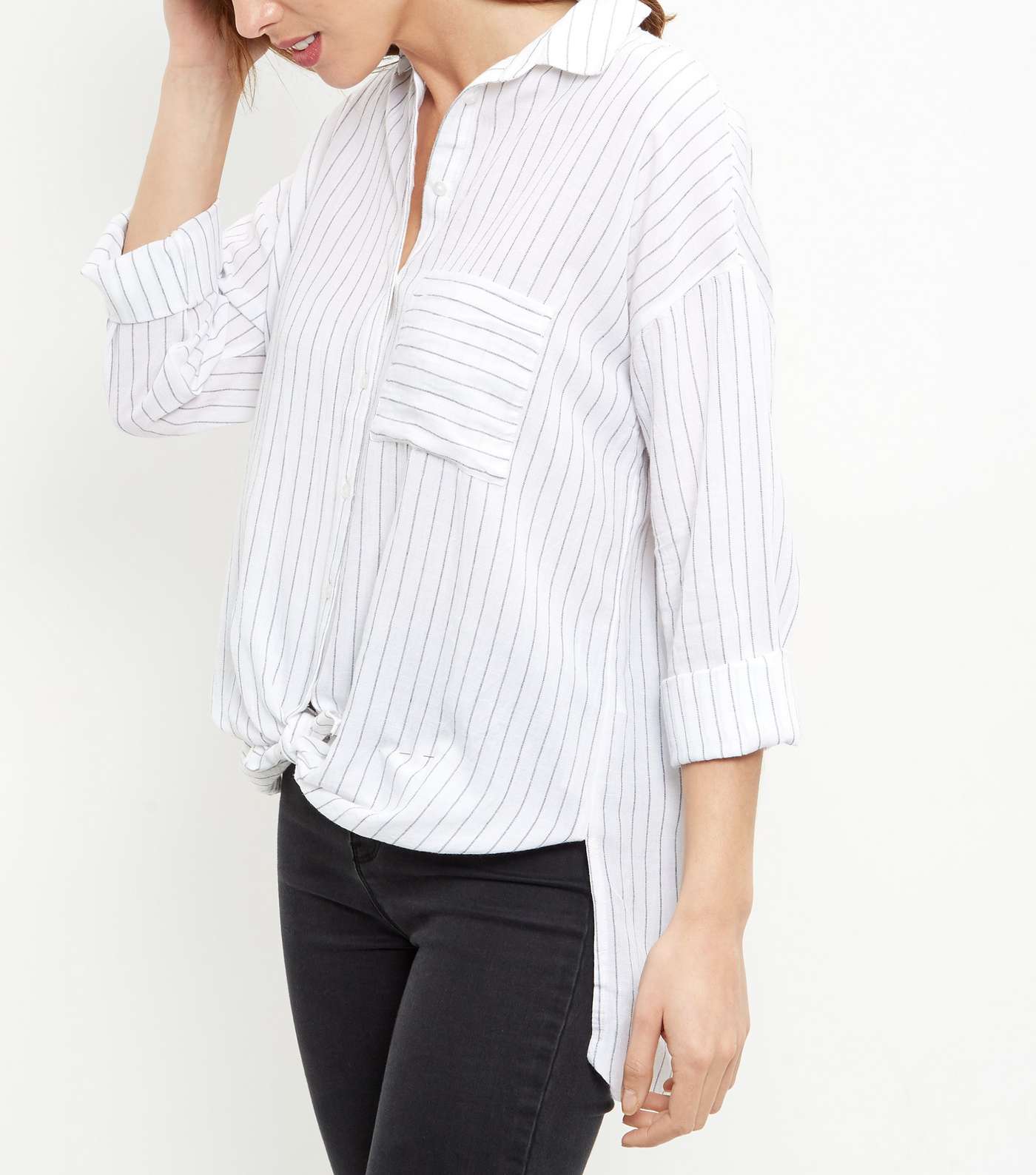 White Pinstripe Single Pocket Tie Front Shirt  Image 2