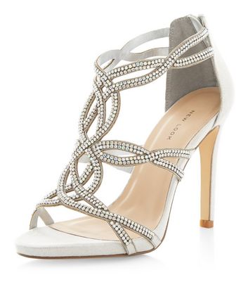 Silver Diamante Twist Strap Heels | New 