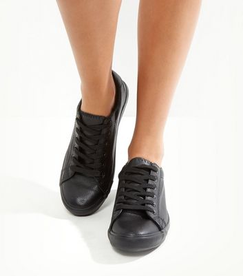 Black Leather-Look Lace Up Plimsolls 