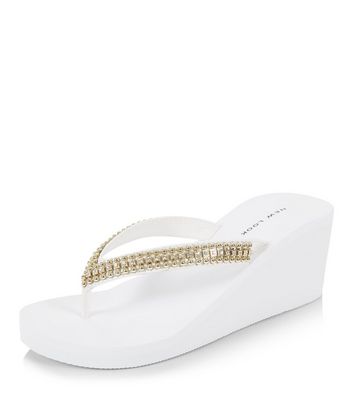 White Diamante Wedge Flip Flops | New Look