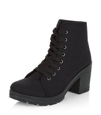 Black Canvas Lace Up Block Heel Boots 