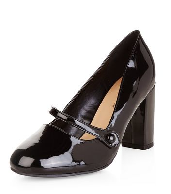 block heel black patent shoes