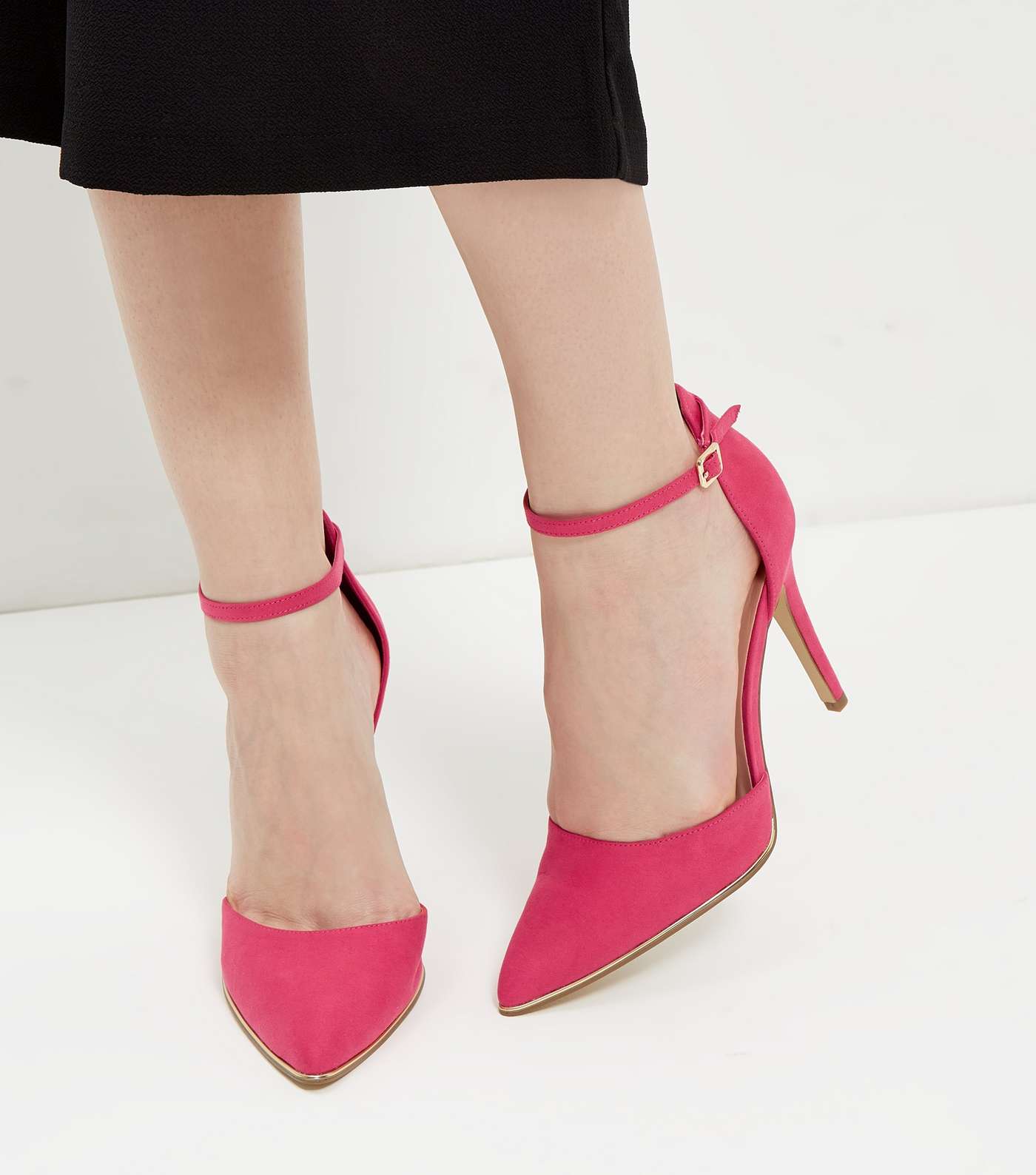 Wide Fit Bright Pink Suedette Ankle Strap Pointed Heels Image 4