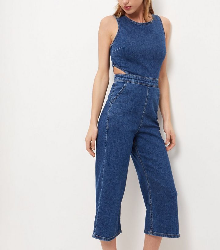 Blauer Kurzer Jumpsuit Mit Zierausschnitten New Look