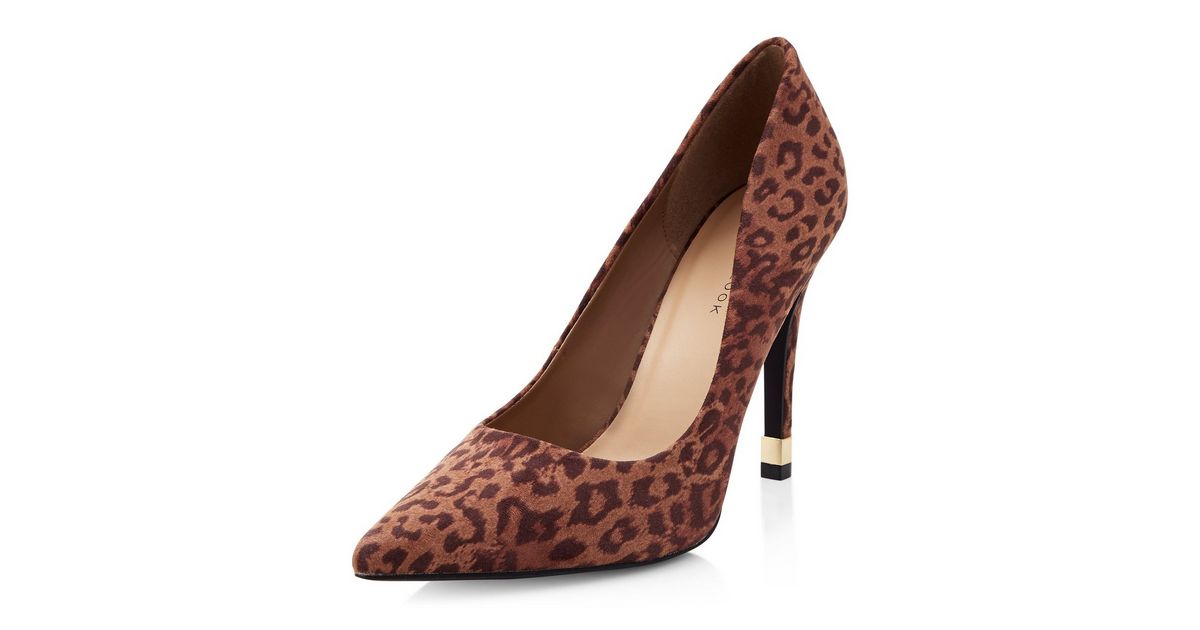 Stone Leopard Print Suedette Metal Trim Pointed Heels New Look