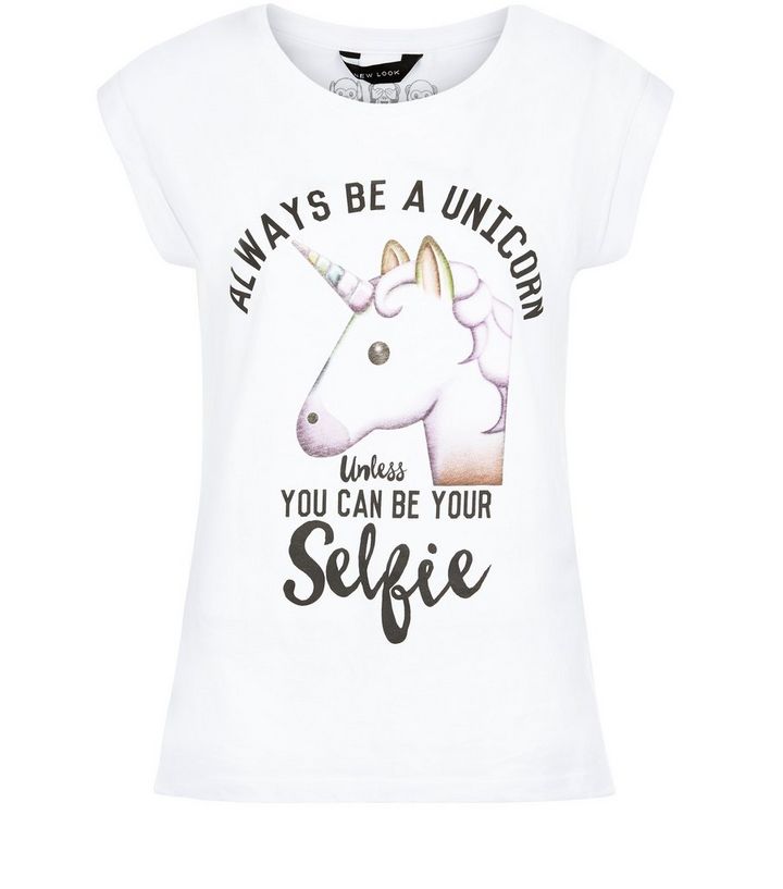 White Unicorn Emoji Roll Sleeve T Shirt New Look