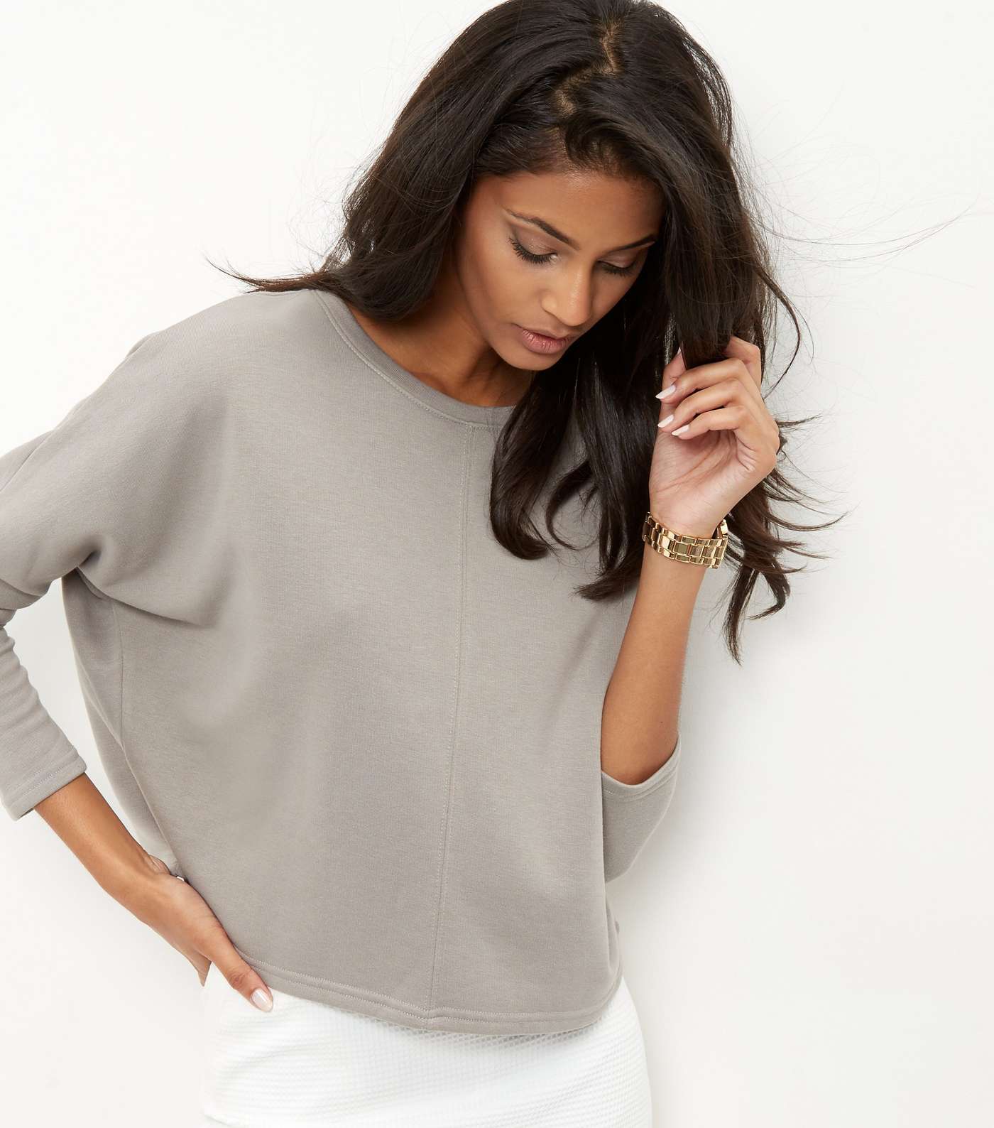Grey Batwing Sleeve Cropped Sweater 