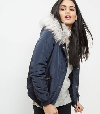 faux fur trim hooded bomber jacket