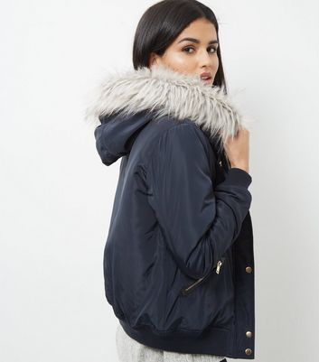 faux fur trim hooded bomber jacket