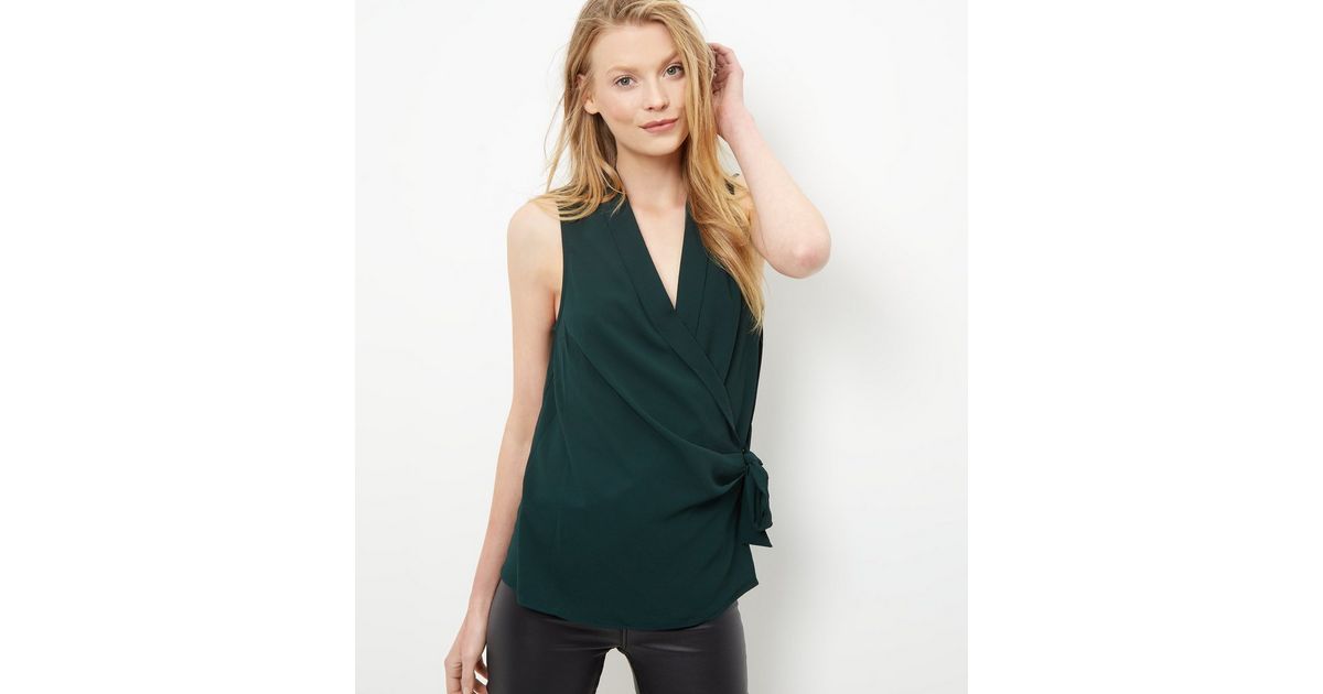 Dark Green Tie Waist Wrap Sleeveless Top New Look