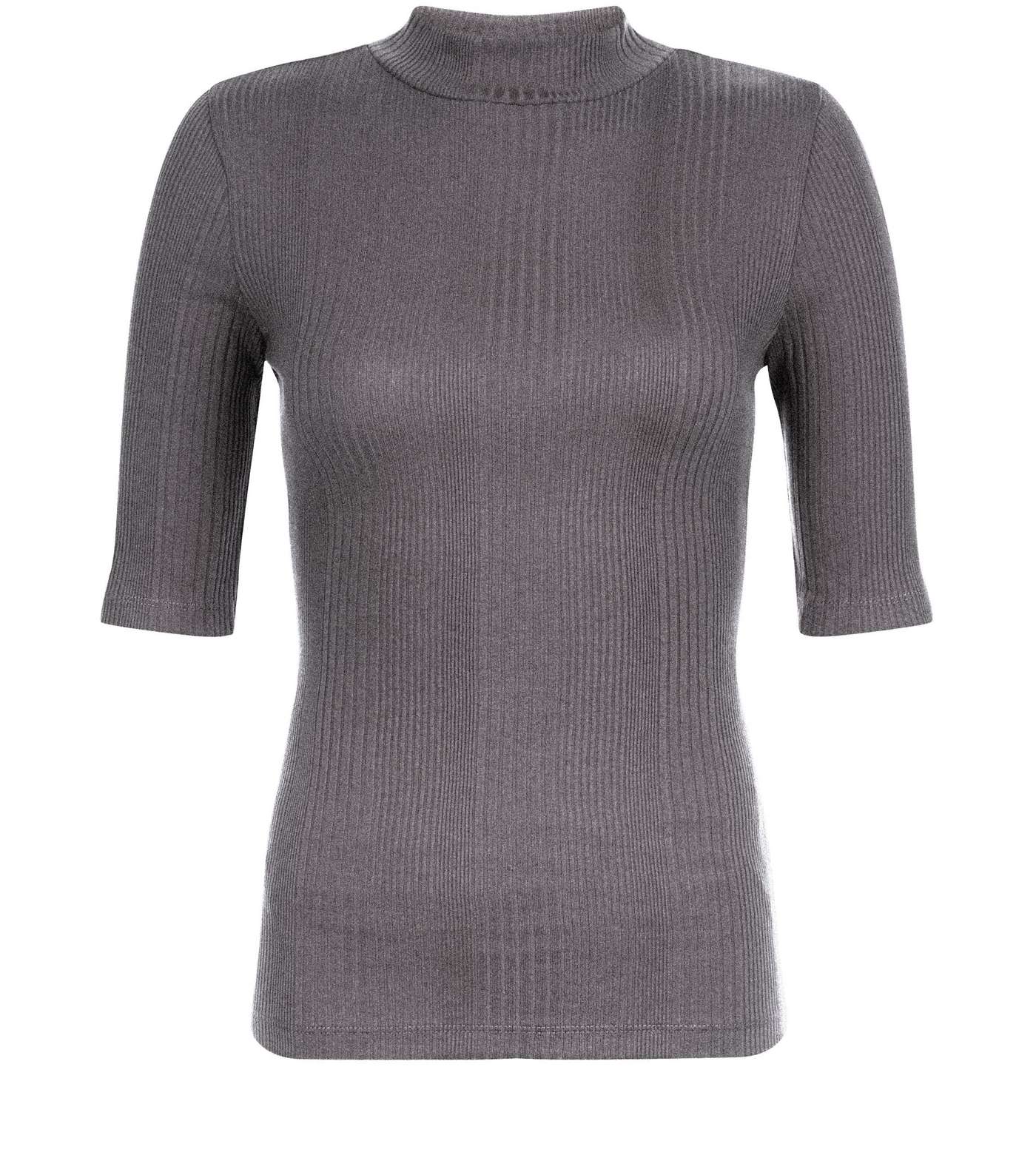 Grey Ribbed Funnel Neck 1/2 Sleeve Top Image 4