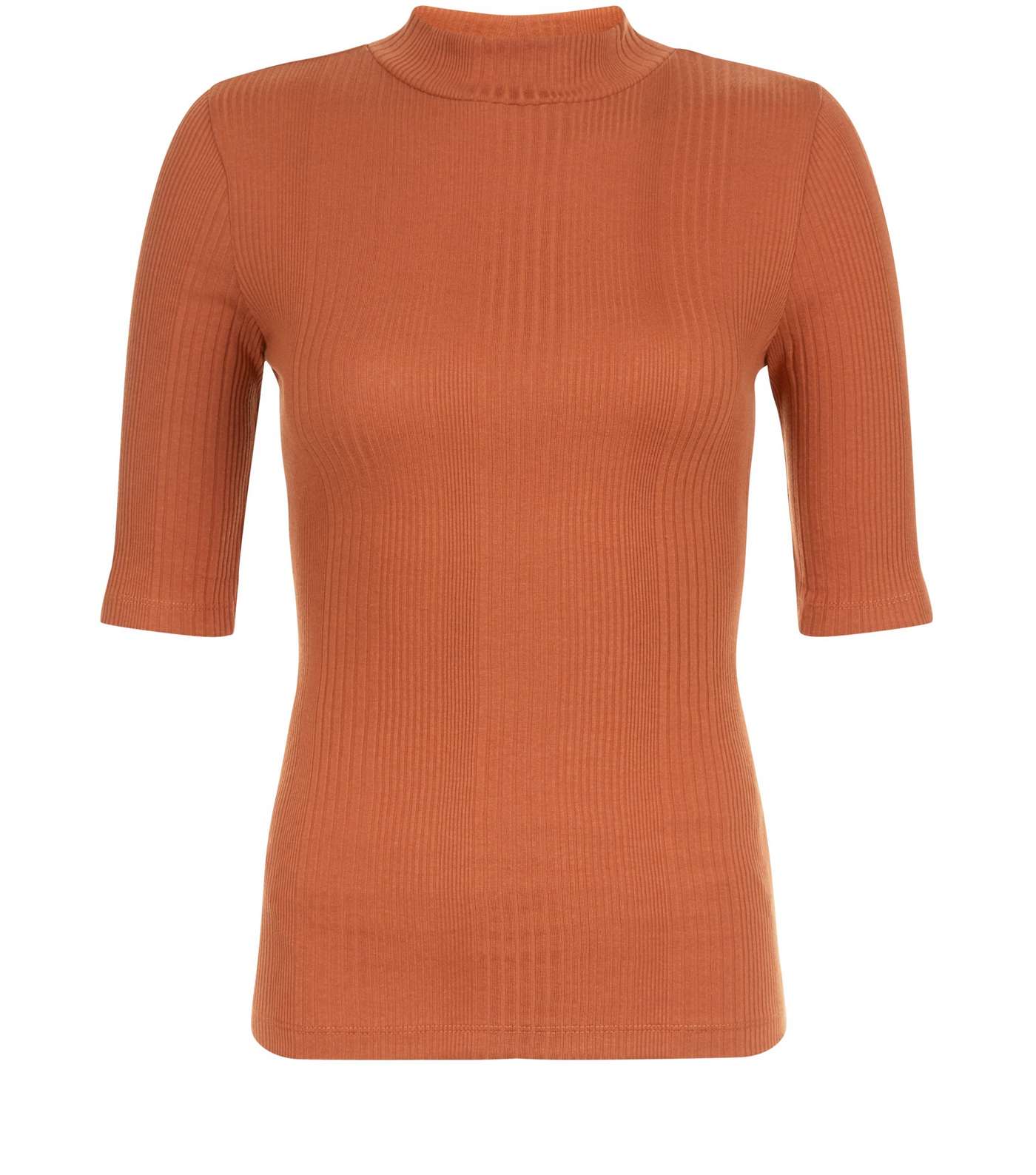 Rust Ribbed Funnel Neck 1/2 Sleeve Top 
