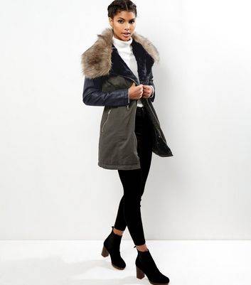 faux fur coat with leather sleeves