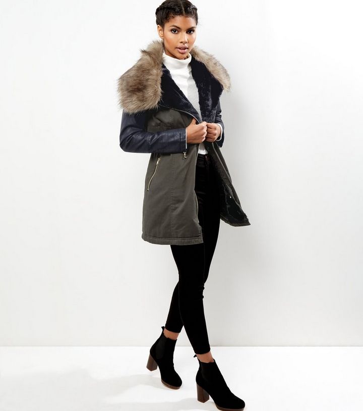 Khaki Leather Look Sleeve Faux Fur Collar Parka New Sleeve Faux Fur Collar Parka, Fake Fur Coats With Leather Sleeves
