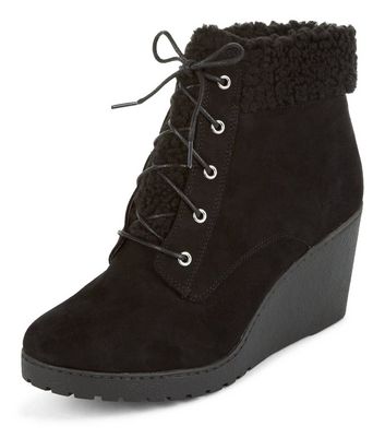 Teens Black Faux Shearling Wedge Ankle 