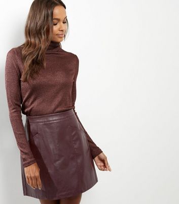 burgundy leather skirt new look