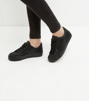 Black Leather-Look Lace Up Plimsolls 