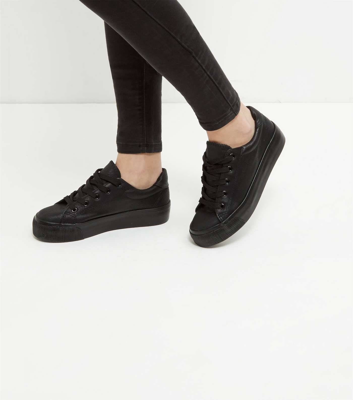 Black Leather-Look Lace Up Plimsolls | New Look