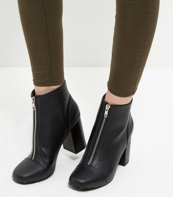 Black Zip Front Block Heel Ankle Boots 