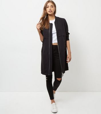 black drawstring longline bomber jacket