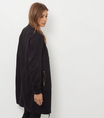 Black Drawstring Longline Bomber Jacket New Look