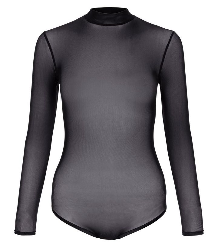 Body Petite En Mesh Semi Transparent Noir Manches Longues New Look