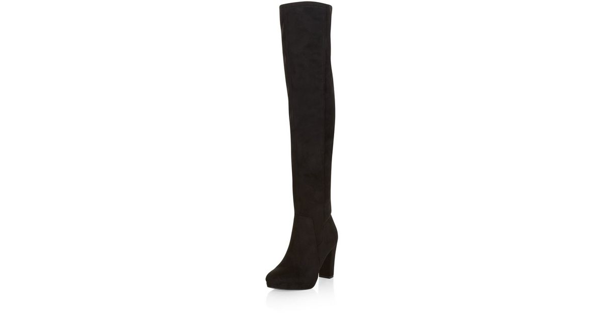 Black Suedette Block Heel Over The Knee Boots New Look
