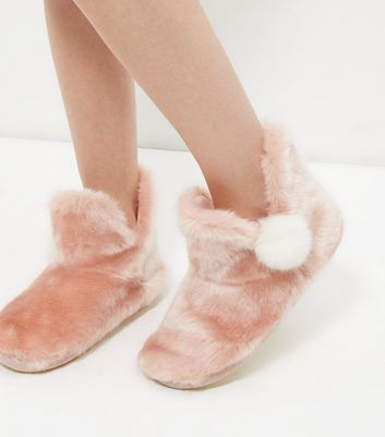 Pink Faux Fur Pom Pom Slipper Boots 