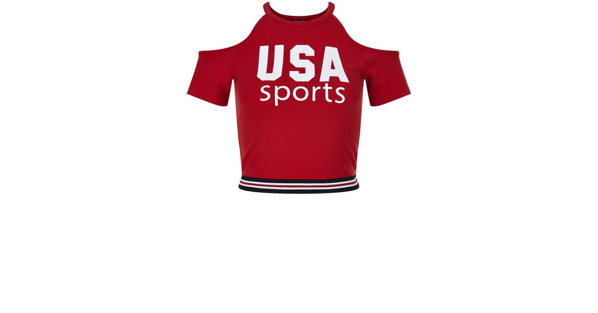 Teenager Rotes Schulterfreies Oberteil Mit Der Aufschrift Usa Sports New Look