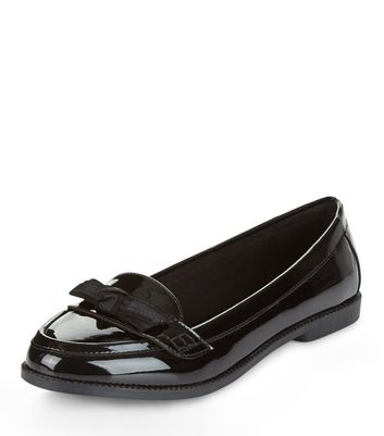 black patent bow front loafers