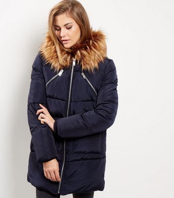Synthétique Matelassée Doudoune De Look Ornée Bleu Marine Fourrure New 1qxOYg6wx