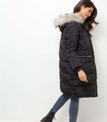 Black padded faux shop fur trim puffer coat