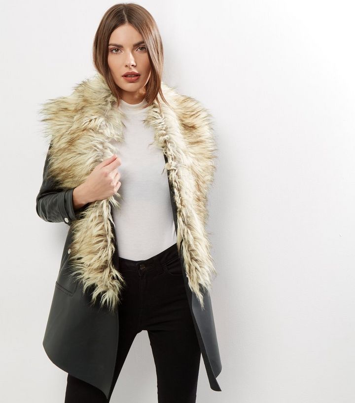 Black Leather Look Faux Fur Trim Waterfall Jacket New Black Leather Look Faux Fur Trim Waterfall Jacket
