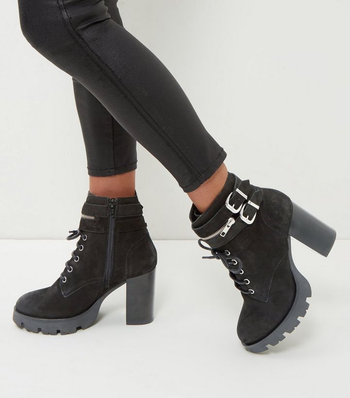 Black Leather Lace Up Platform Ankle Boots New Look