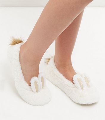 White Faux Fur Bunny Slippers | New Look