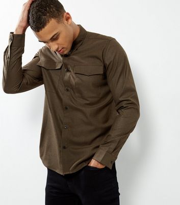Khaki Double Pocket Long Sleeve Shirt New Look
